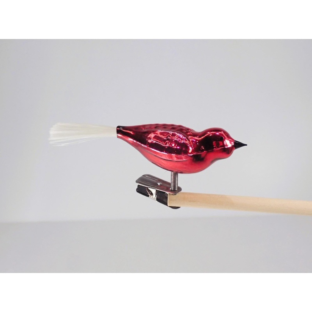 Vintage Blown Glass Bird Clip On Christmas Ornament Spun Glass Tail Red Cardinal